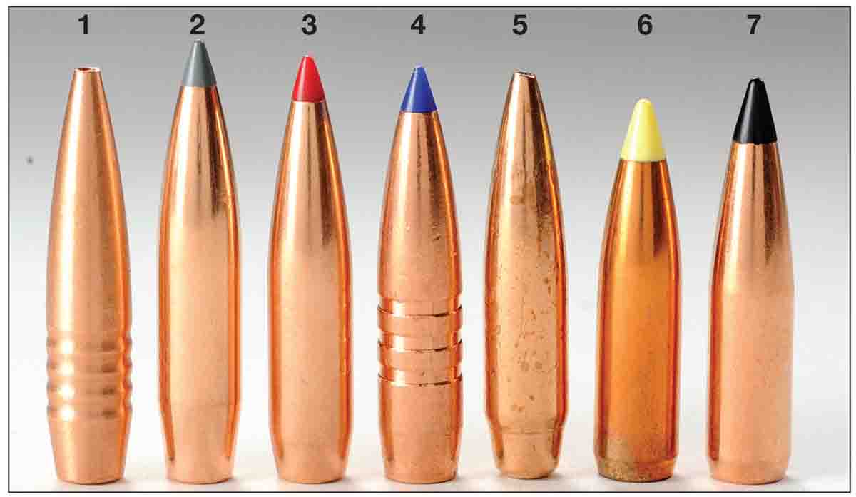 Nearly all long-range bullets feature a boat-tail, though designs and angles are different: (1) Hammer 126-grain Hunter, (2) Nosler 150 AccuBond Long Range, (3) Hornady 145 ELD-X, (4) Barnes 129 LRX BT, (5) Matrix 150 RBT, (6) Nosler 130 Ballistic Tip and (7) Swift 130 Scirocco II. Bullets shown are .277 inch.